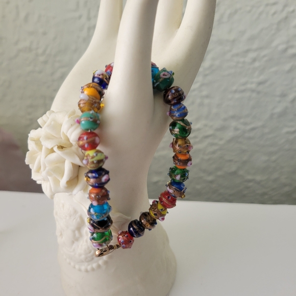 Jewelry - Vtg Wedding cake art glass Beaded Bracelet Statement Multicolor Venetian 7 1/4"